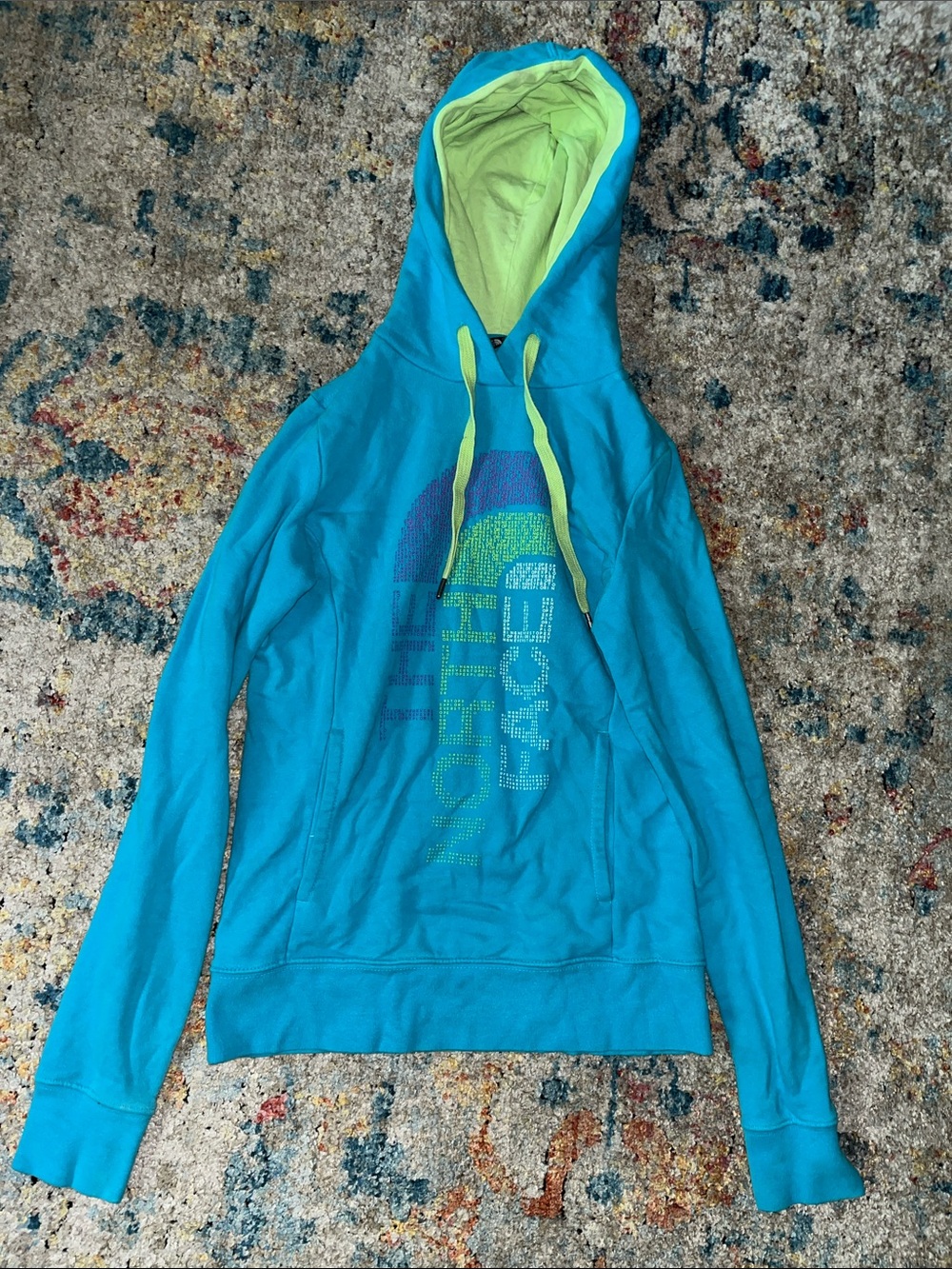The North Face Teal Hoodie with Lime Hood Lining
